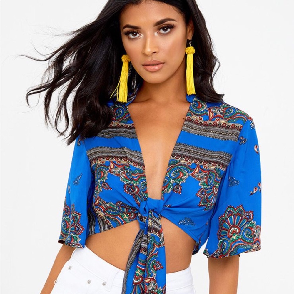 Pretty little thing front tie paisley crop top